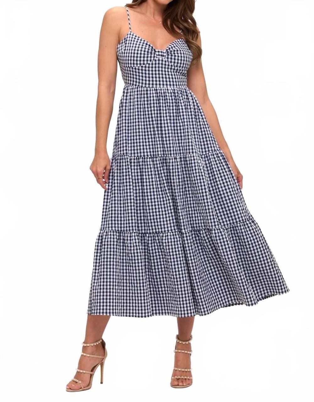 NEW LOVELY DAY gingham bow bust tie back tiered maxi dress in navy